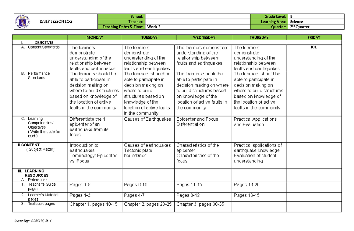 Science 8 Q2 Week 2 Daily Lesson Log on Earthquakes and Faults - Studocu