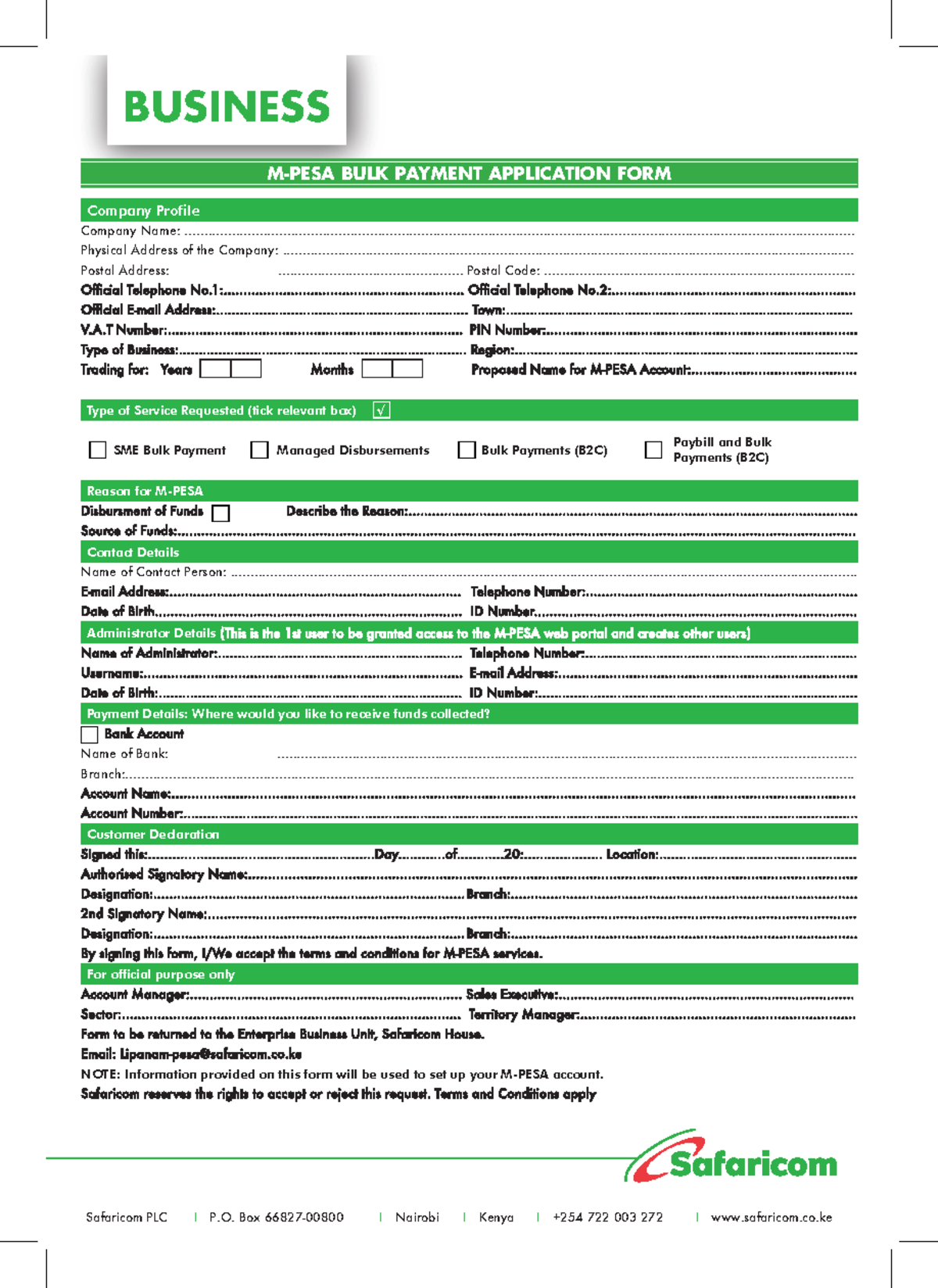 M-PESA Bulk Payment Application Form - Company Setup & Details - Studocu