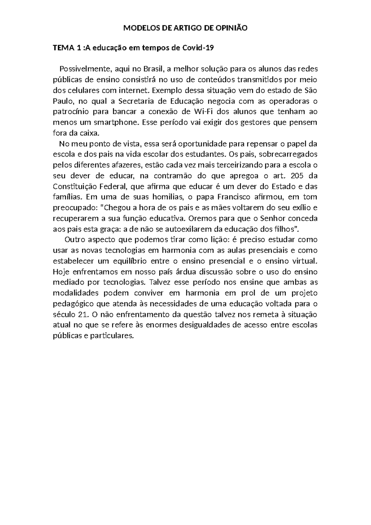 Modelos de Artigo de Opinião: Educação e Bullying Escolar - Studocu