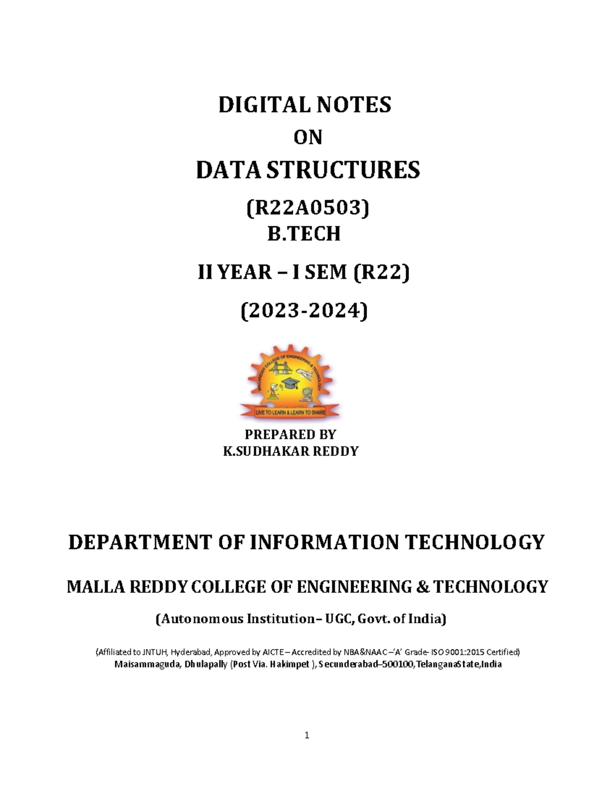 IT R22 DATA Structures Digital Notes for II Year I Semester (2023-2024 ...