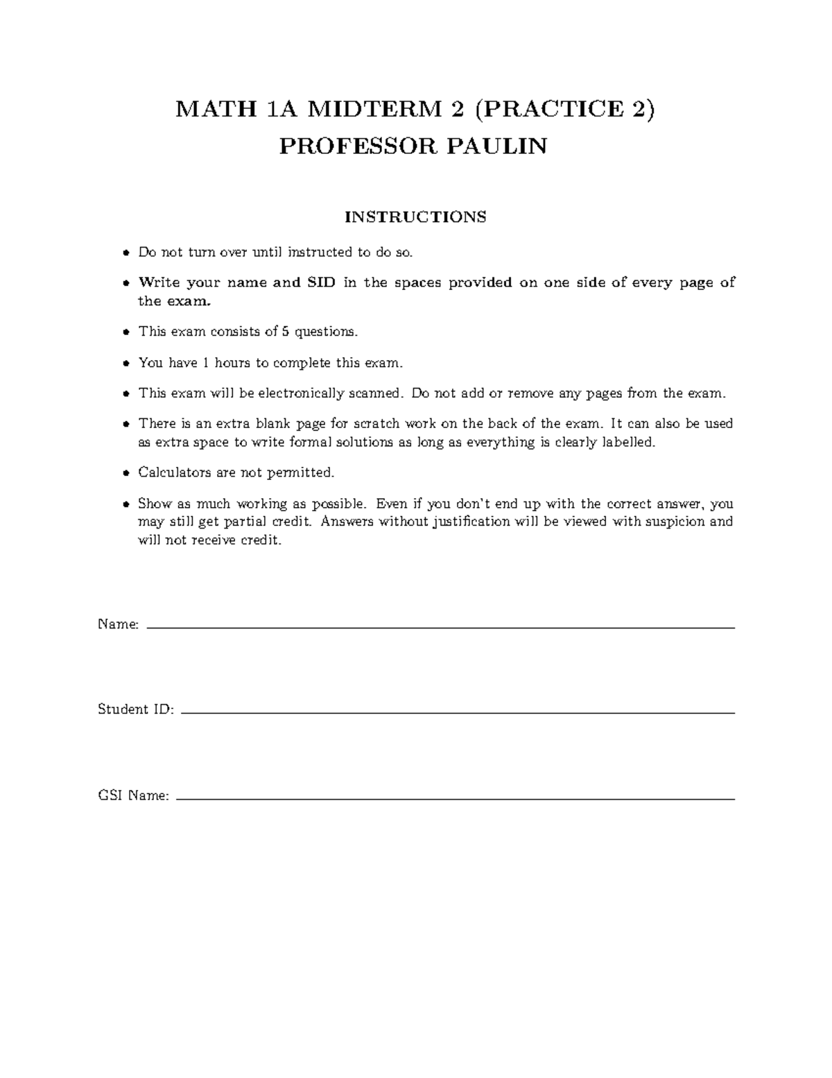 1AMidterm 2(Practice 2) - MATH 1A MIDTERM 2 (PRACTICE 2) PROFESSOR ...