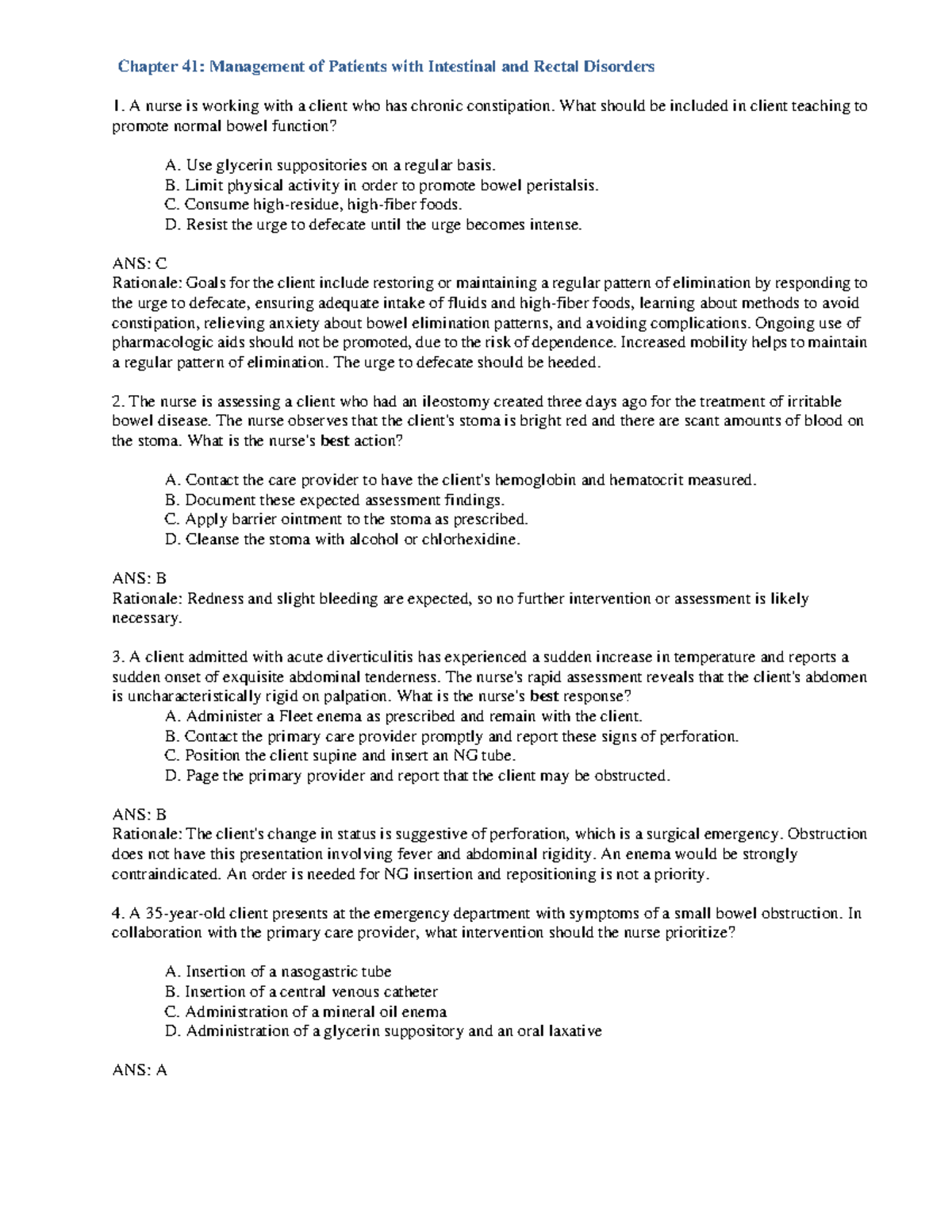 Med Surg CH 41 - Practice Questions for Intestinal Disorders Exam - Studocu