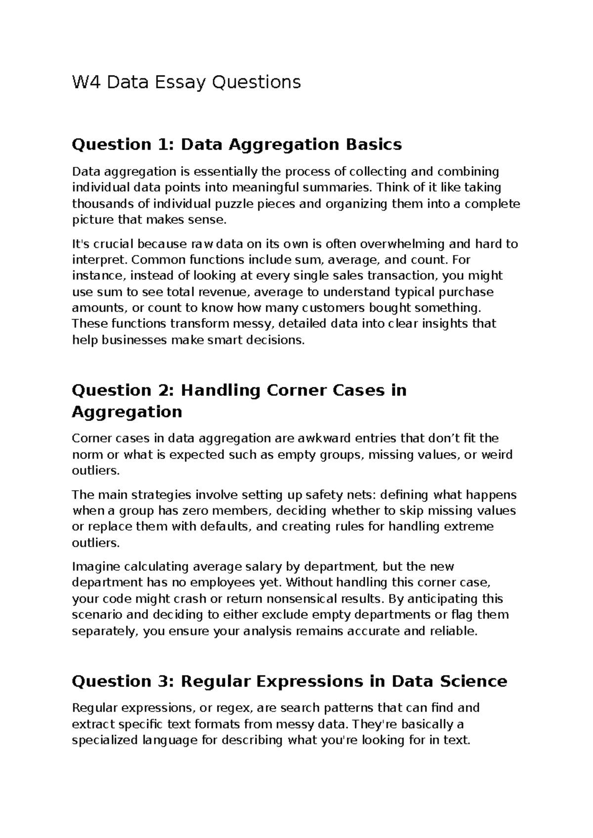 W4 Data Essay Questions: Aggregation, Corner Cases & Regex Insights ...