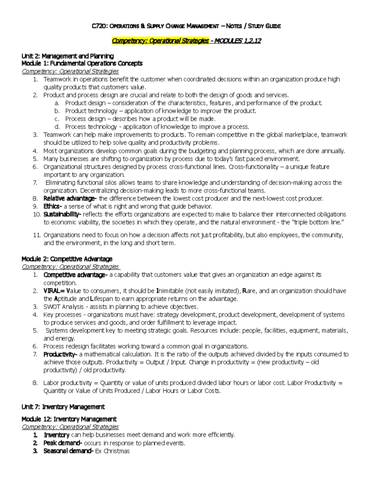 C720 Operations & Supply Chain Management Study Guide and Notes - Studocu