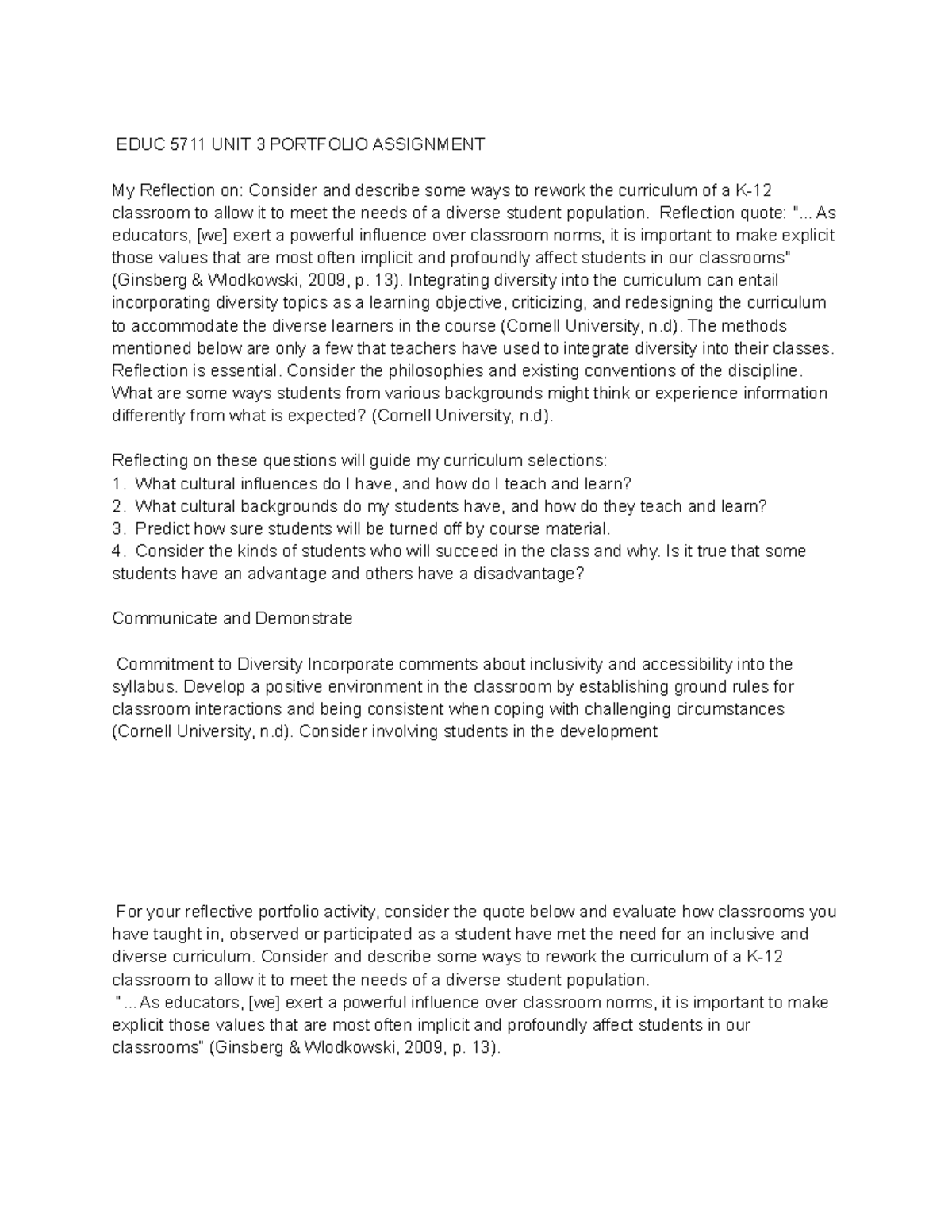 EDUC 5711 UNIT 3 Portfolio: Reflecting on Curriculum Diversity - Studocu
