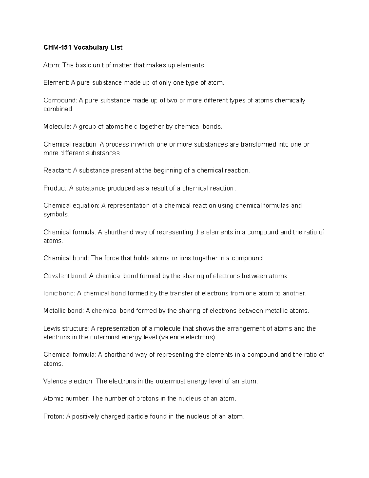 CHM-151 General Chemistry I Vocabulary - CHM-151 Vocabulary List Atom ...