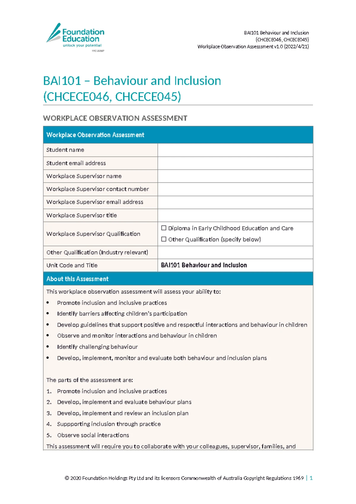 PAC01 - Workplace Observation Assessment Guide for ECEC Students - Studocu