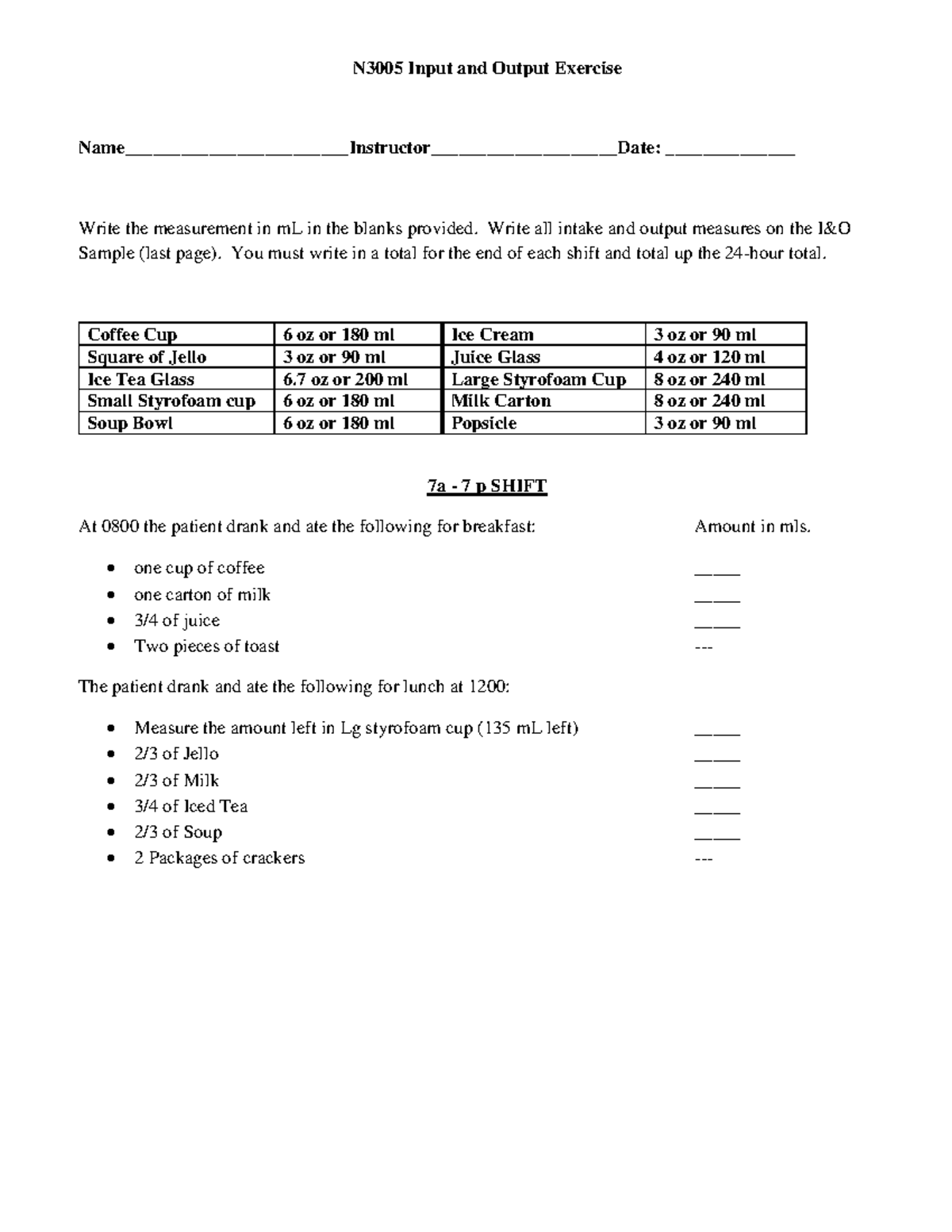 Intake and Output Exercise Updated for Student Use - N3005 Input and ...
