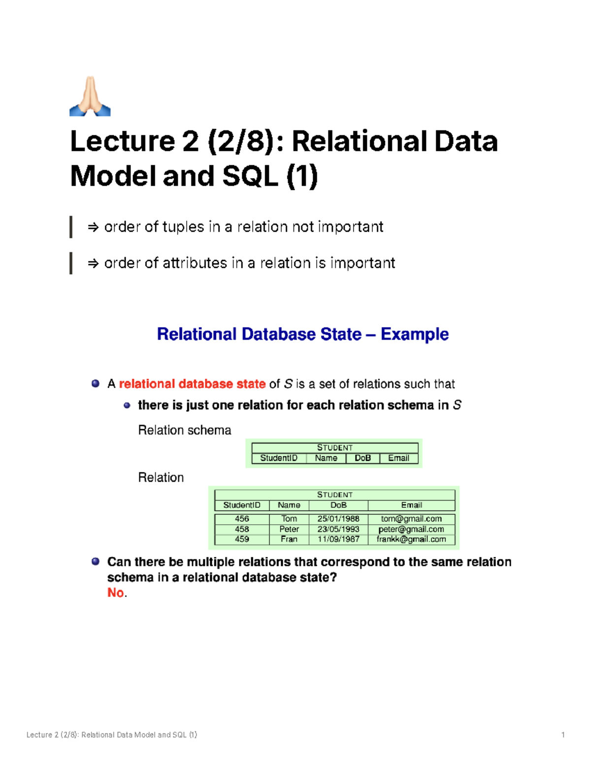 Lecture 2 Relational Data Model and SQL (1) - COMP2400 - Lecture 2 (2/8 ...