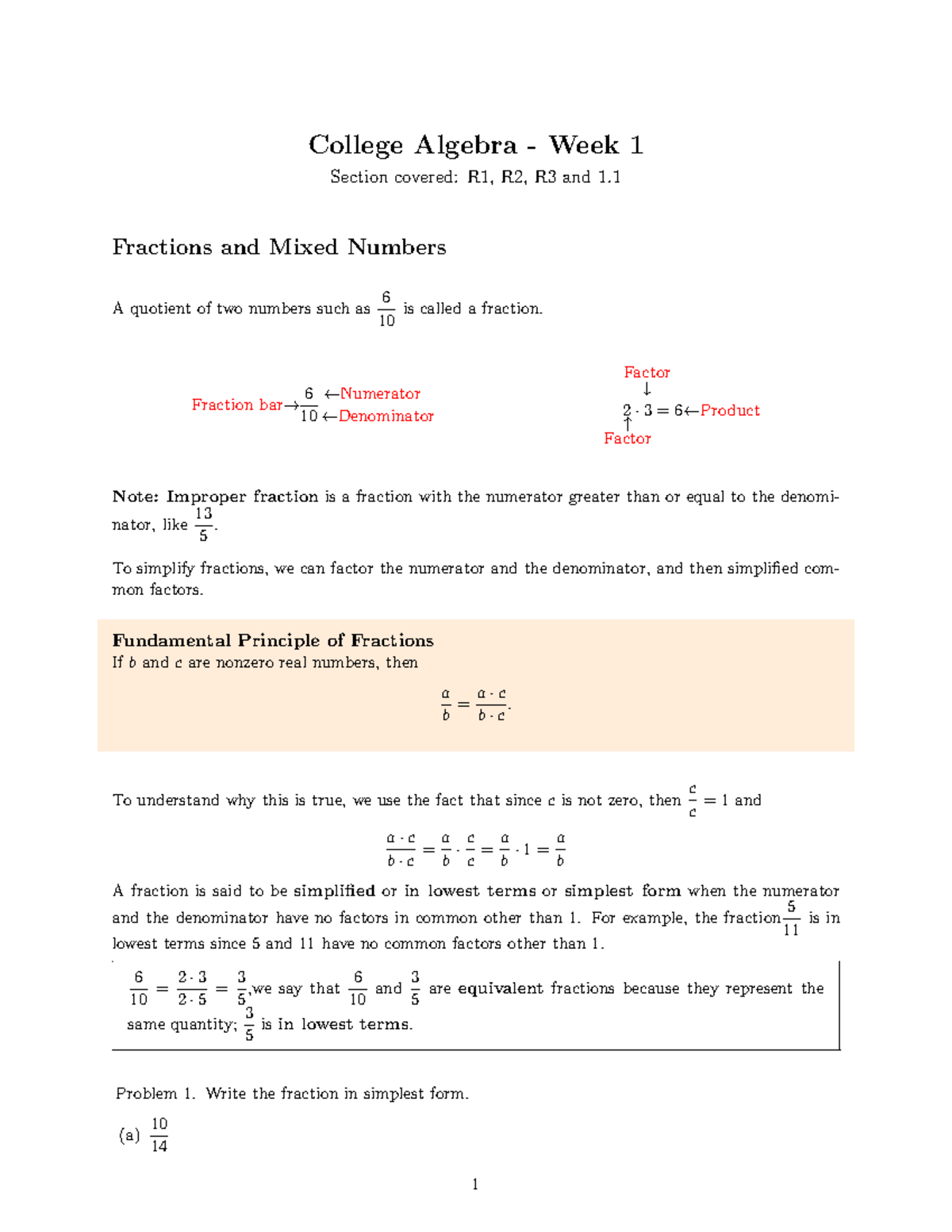 College Algebra - Week 1: Fractions, Mixed Numbers & Properties - Studocu