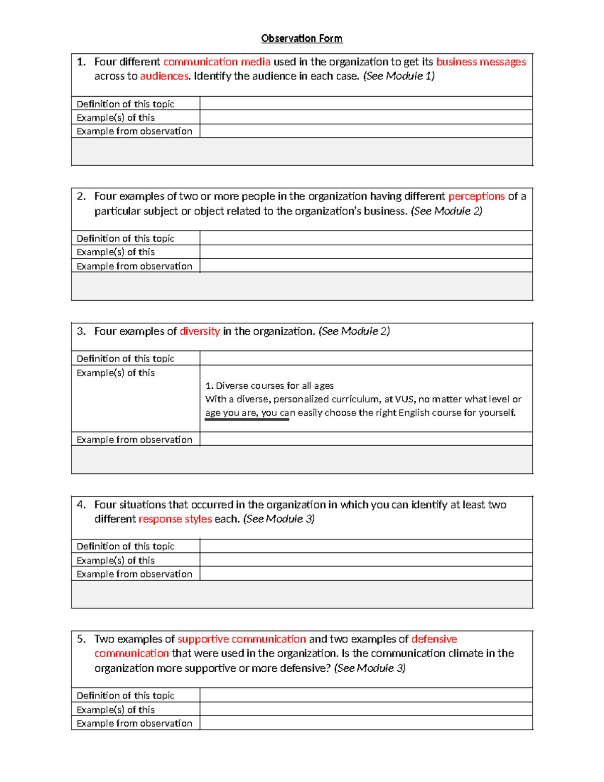 BUS 101 - Observation Form - Communication and Diversity Analysis - Studocu