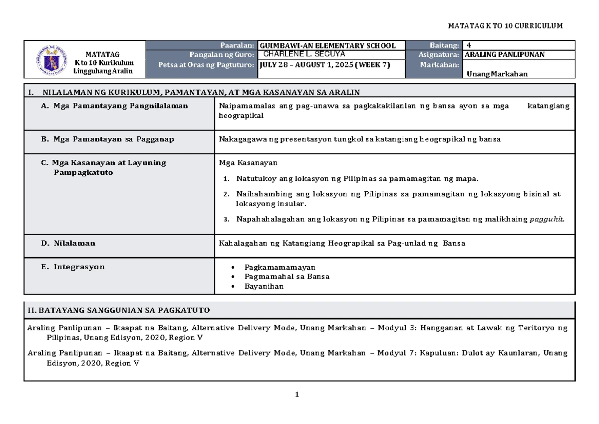 DLL Matatag K to 10 English 5 Weekly Lesson Log (Q1 W7) - Studocu