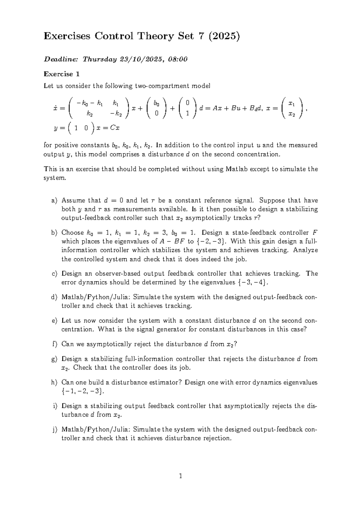 Control Theory Exercises Set 7 (2025) - Disturbance Analysis and ...