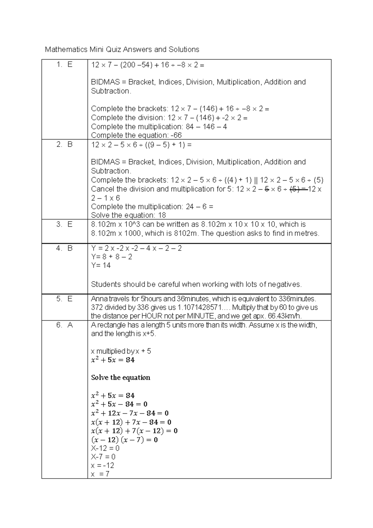 SW Maths Sample Set Answers V2 - Mathematics Mini Quiz Answers and ...