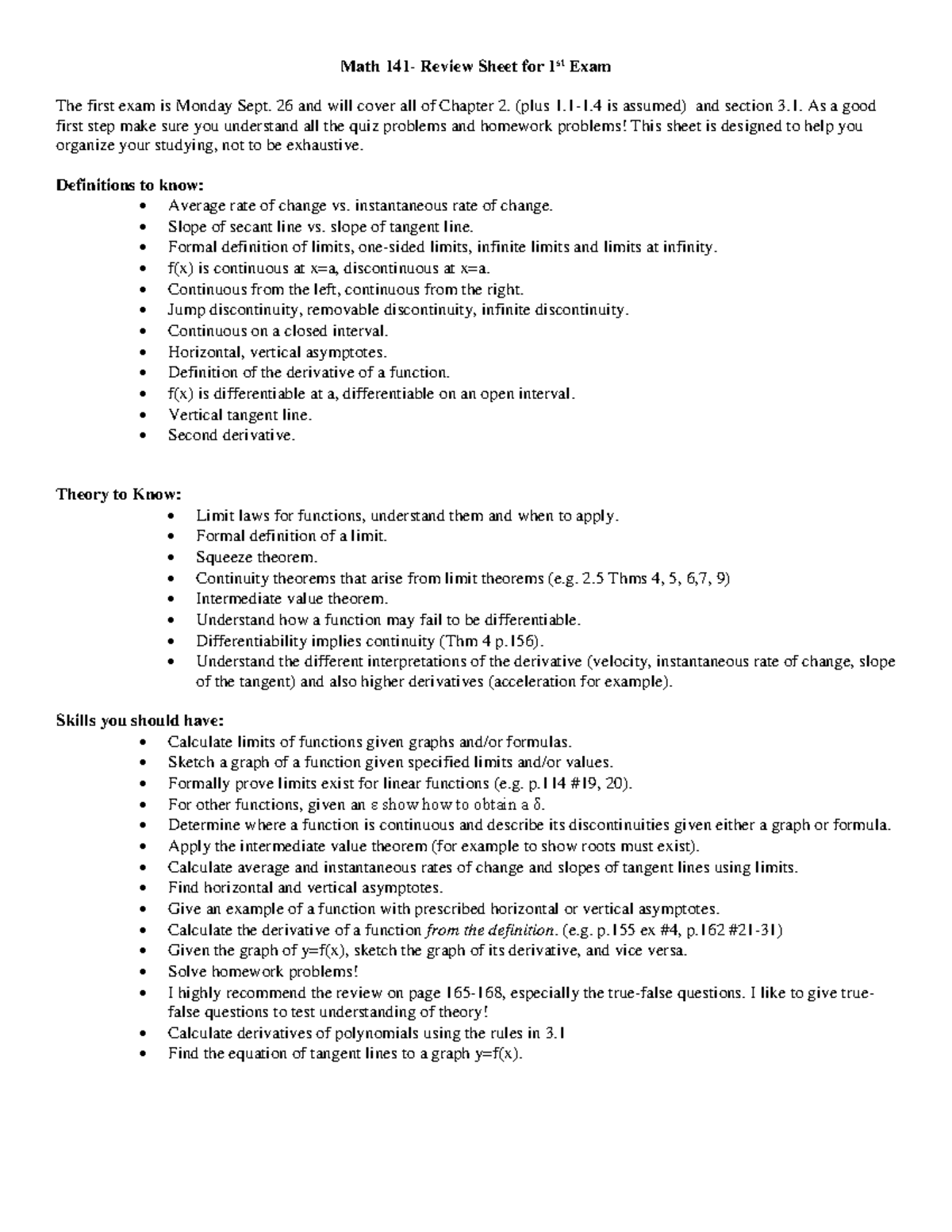 Math 141 - 1st Exam Review Sheet: Chapter 2 & Limits Analysis - Studocu
