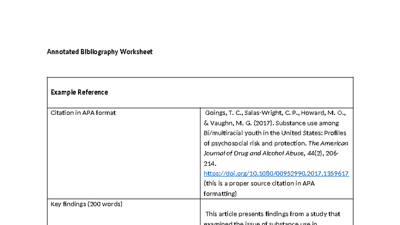 Annotated Bibliography Worksheet for Substance Use & Mental Health ...