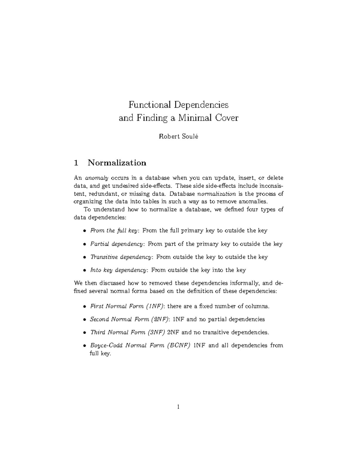 Cover - Functional Dependencies and Finding a Minimal Cover Robert Soul ...