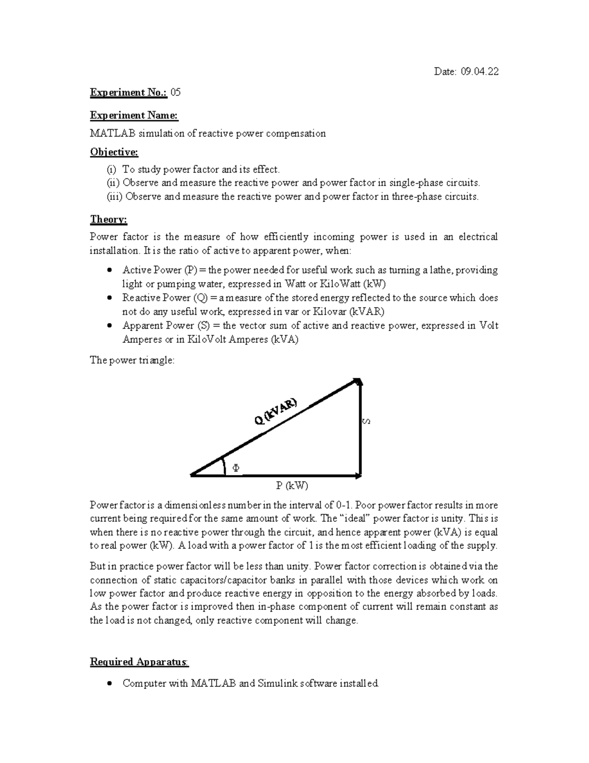 MATLAB Simulation of Reactive Power Compensation: Experiment 05 - Studocu
