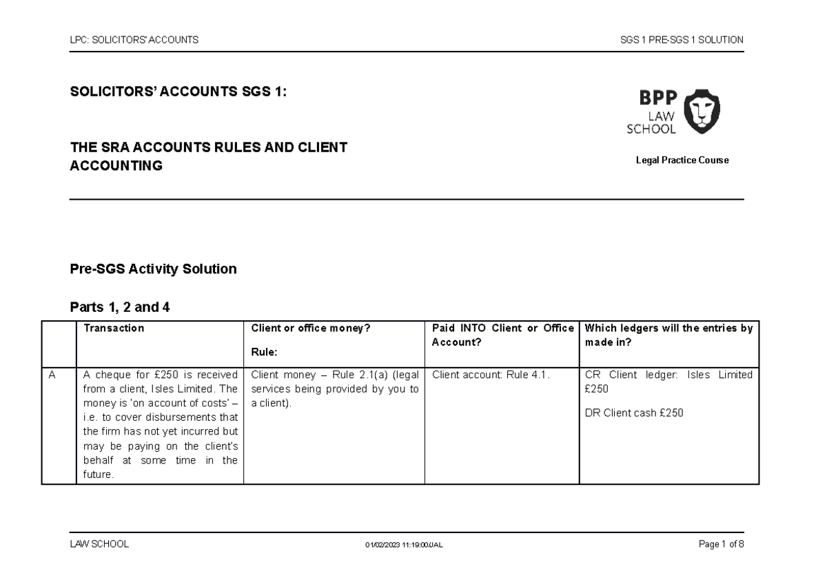 LPC: SGS 1 Pre-SGS Accounts Solutions for Solicitors 2022-23 - Studocu