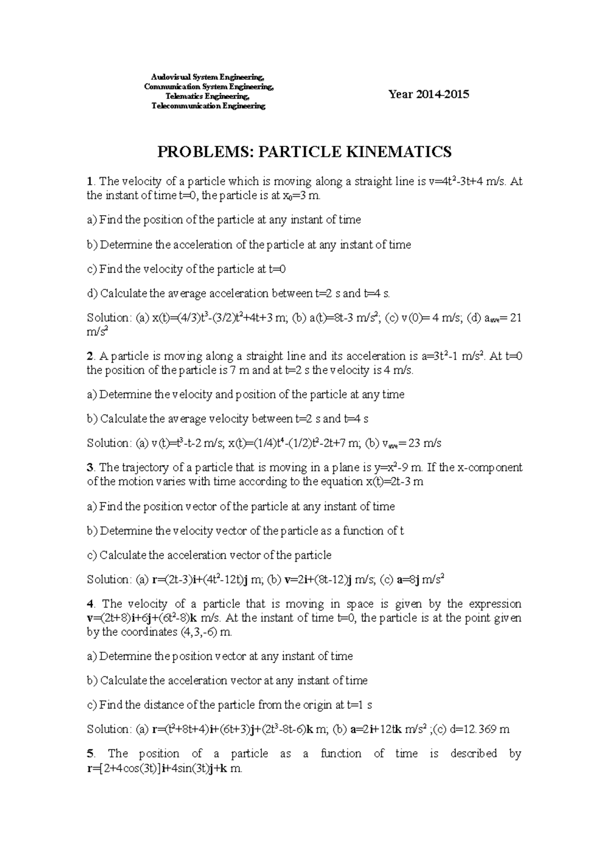 Lesson 1: Kinematics Problems and Solutions (ENGR 2014) - Studocu
