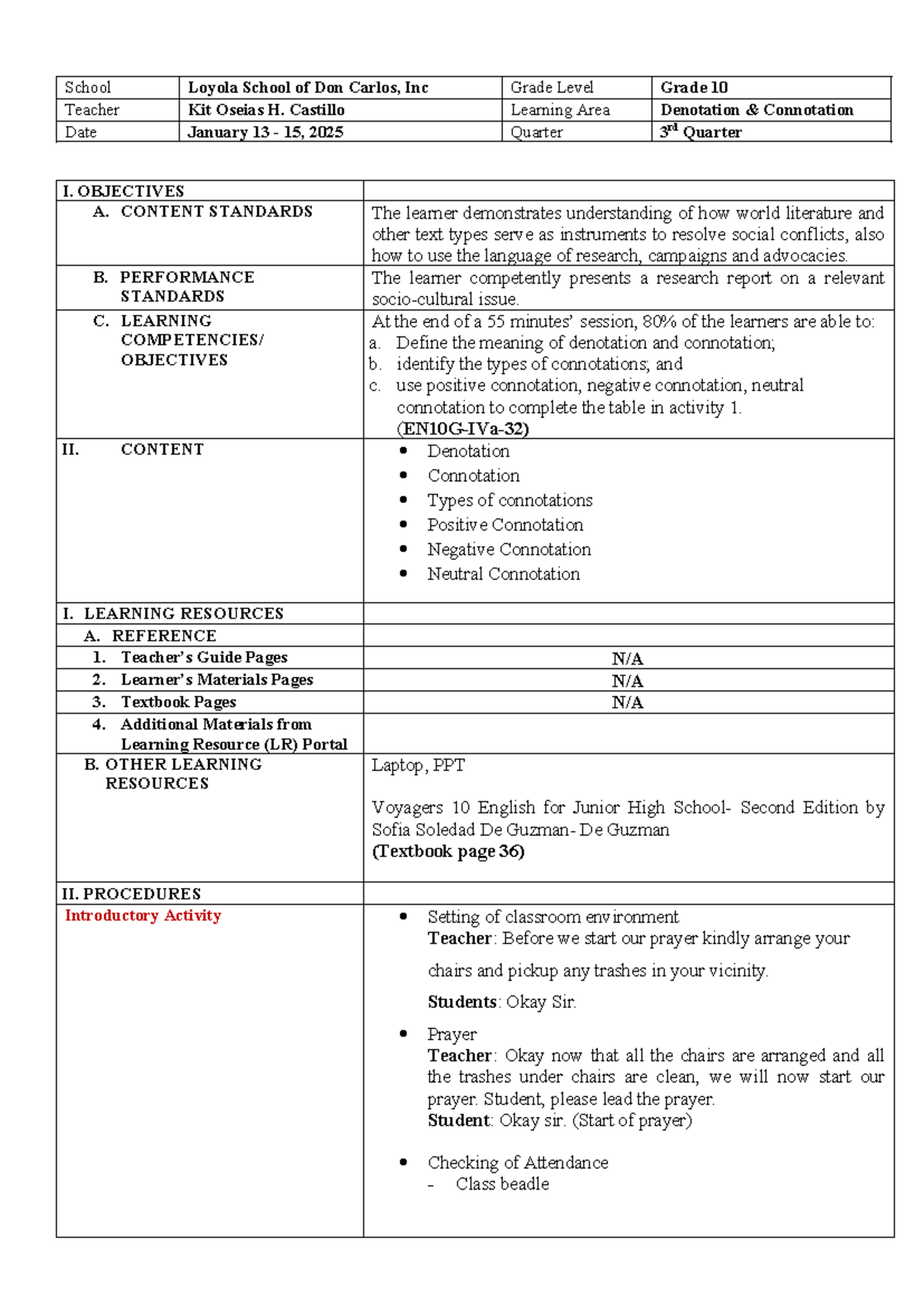 LP - G10 - Connotation & Denotation Lesson Plan - Studocu