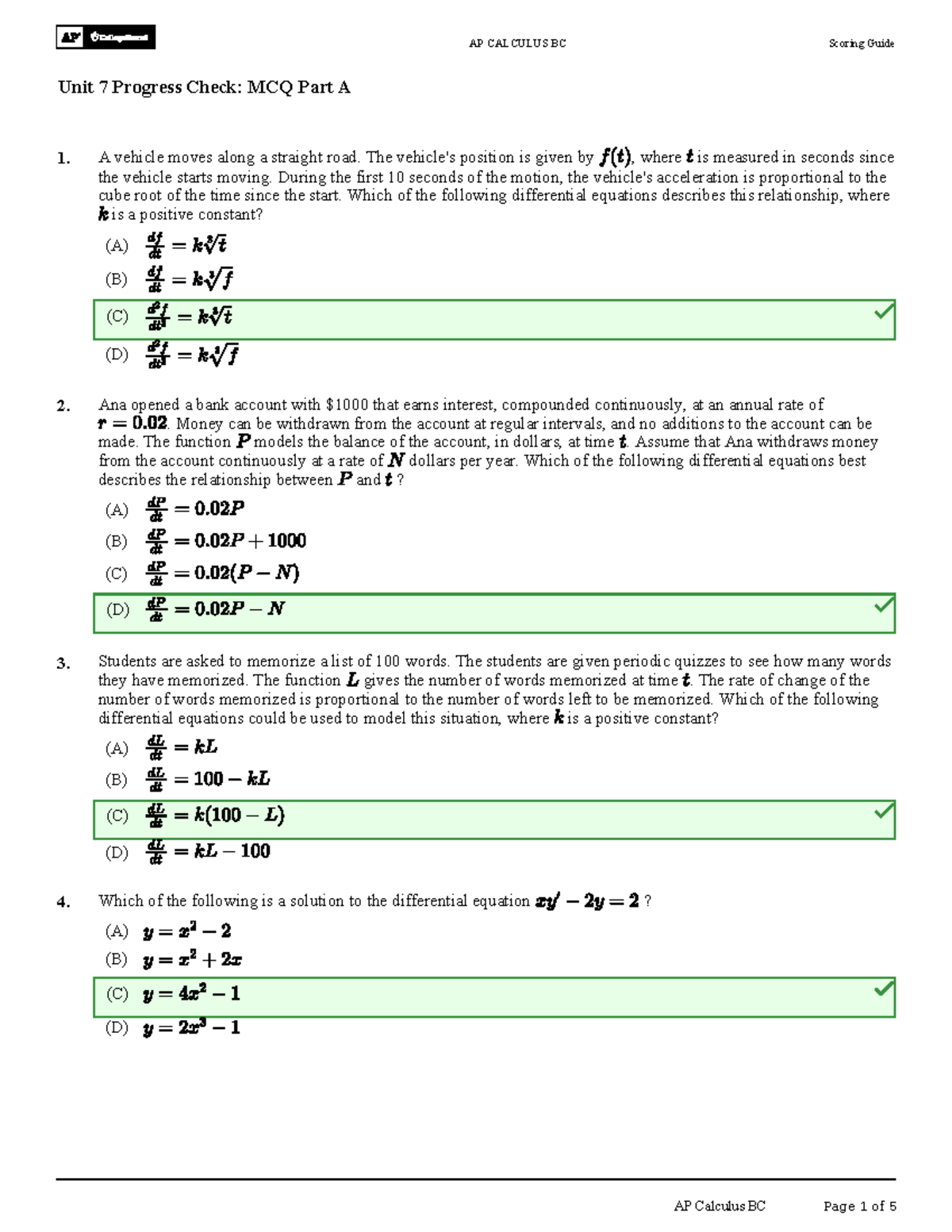 AP CALCULUS BC Unit 7 Progress Check: MCQ Part A Answers - Studocu