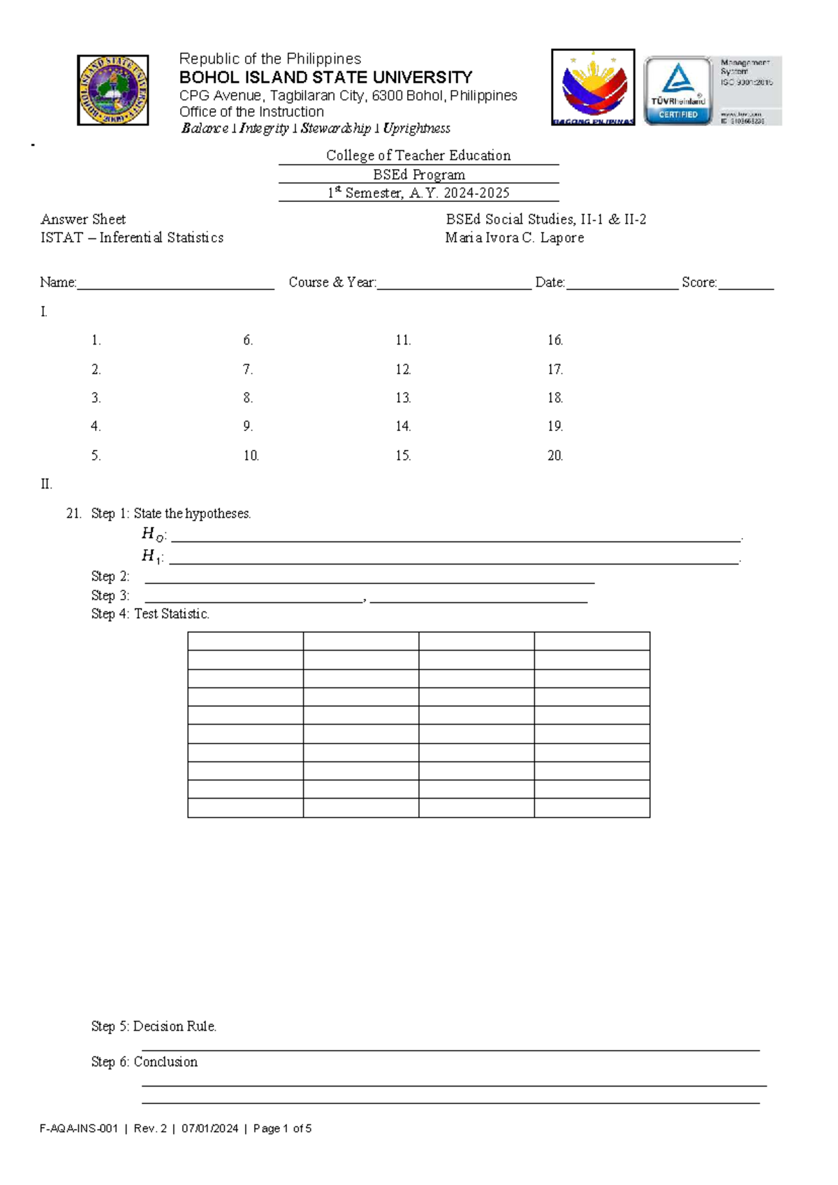 BSEd Final Exam Answer Sheet for ISTAT Inferential Statistics - Studocu