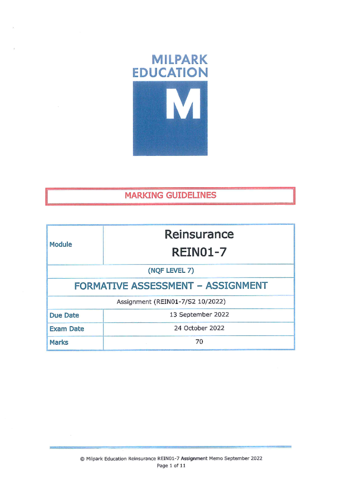 Assignment Marking Guidelines 2022 - MILPARK EDUCATION M MARKING ...