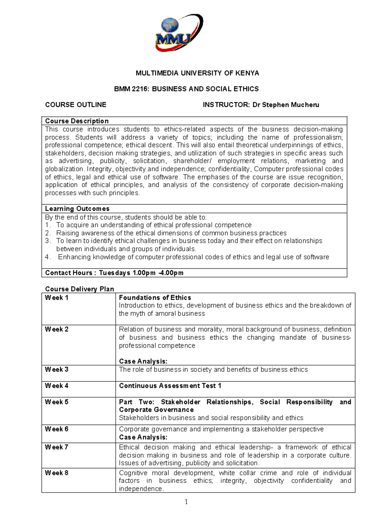 Course Outline Business Ethics ) - MULTIMEDIA UNIVERSITY OF KENYA BMM ...