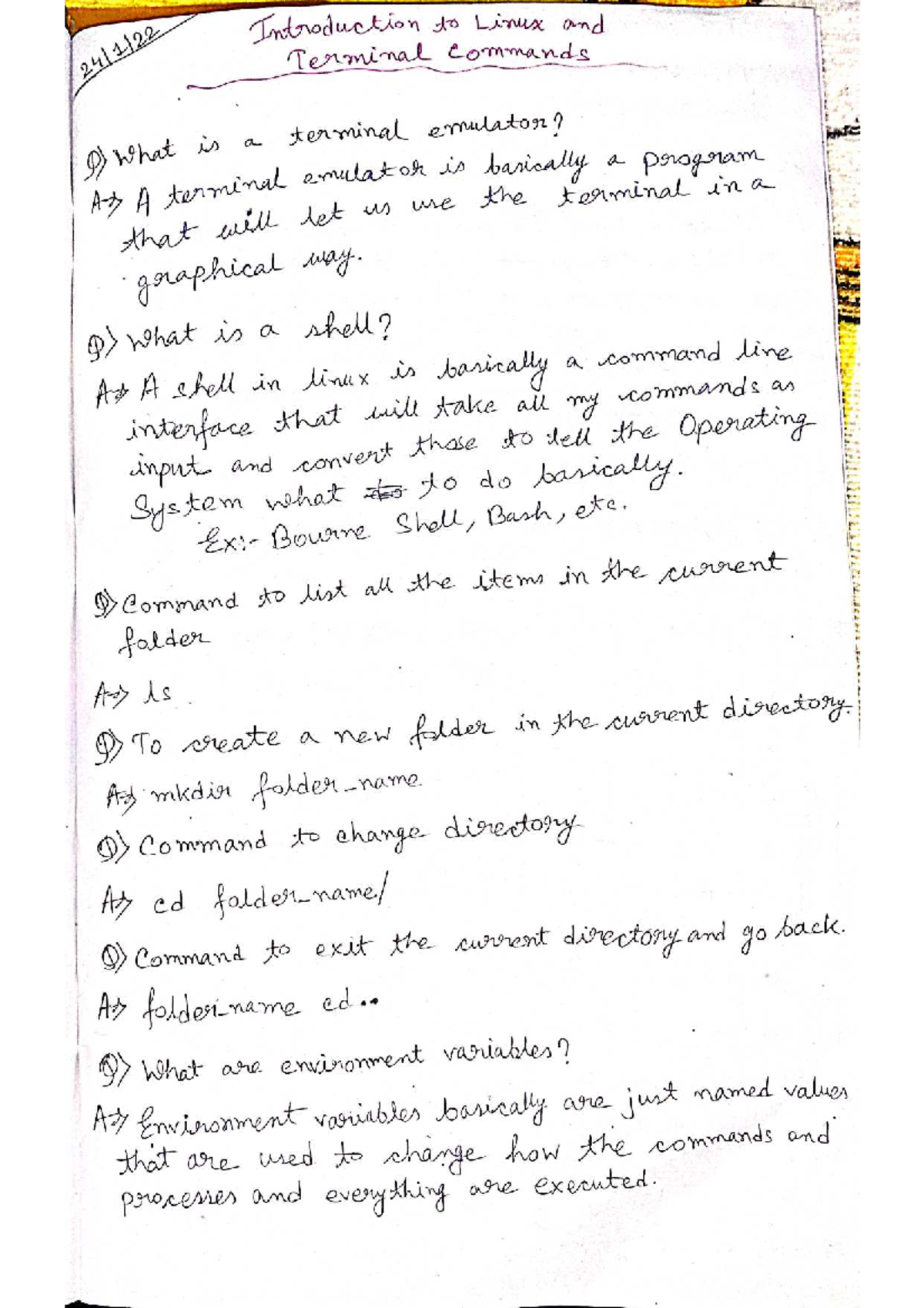 Handwritten Notes of Intro to Linux & Terminal Commands - Introduction ...