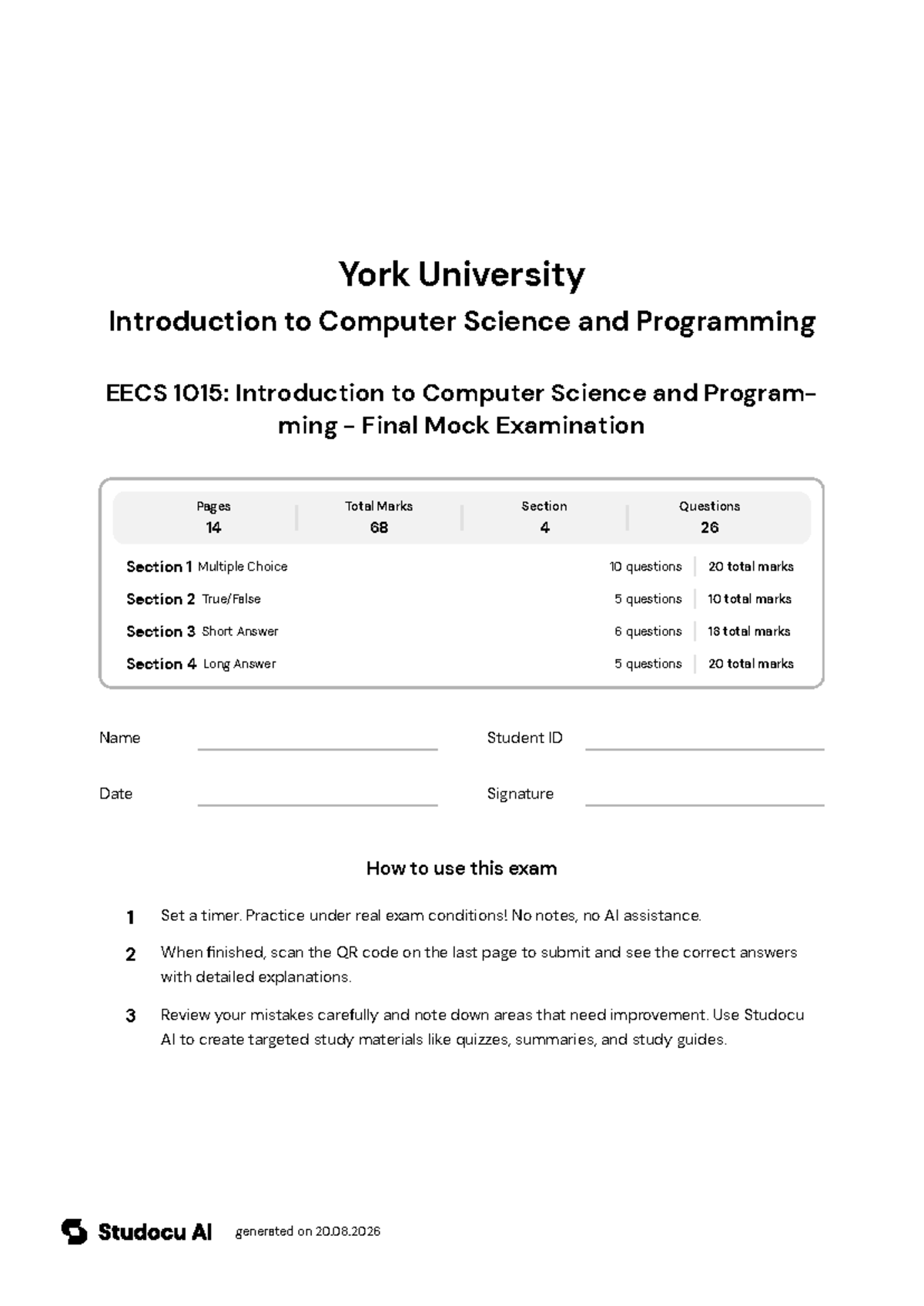 EECS 1015: Final Mock Exam on Python Programming - Studocu
