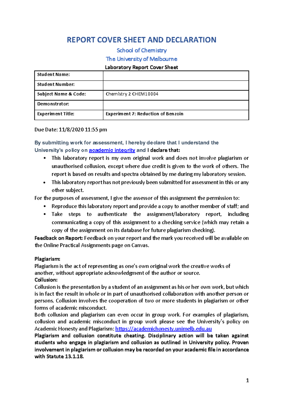 CHEM10004 Experiment 7 Lab report - REPORT COVER SHEET AND DECLARATION ...