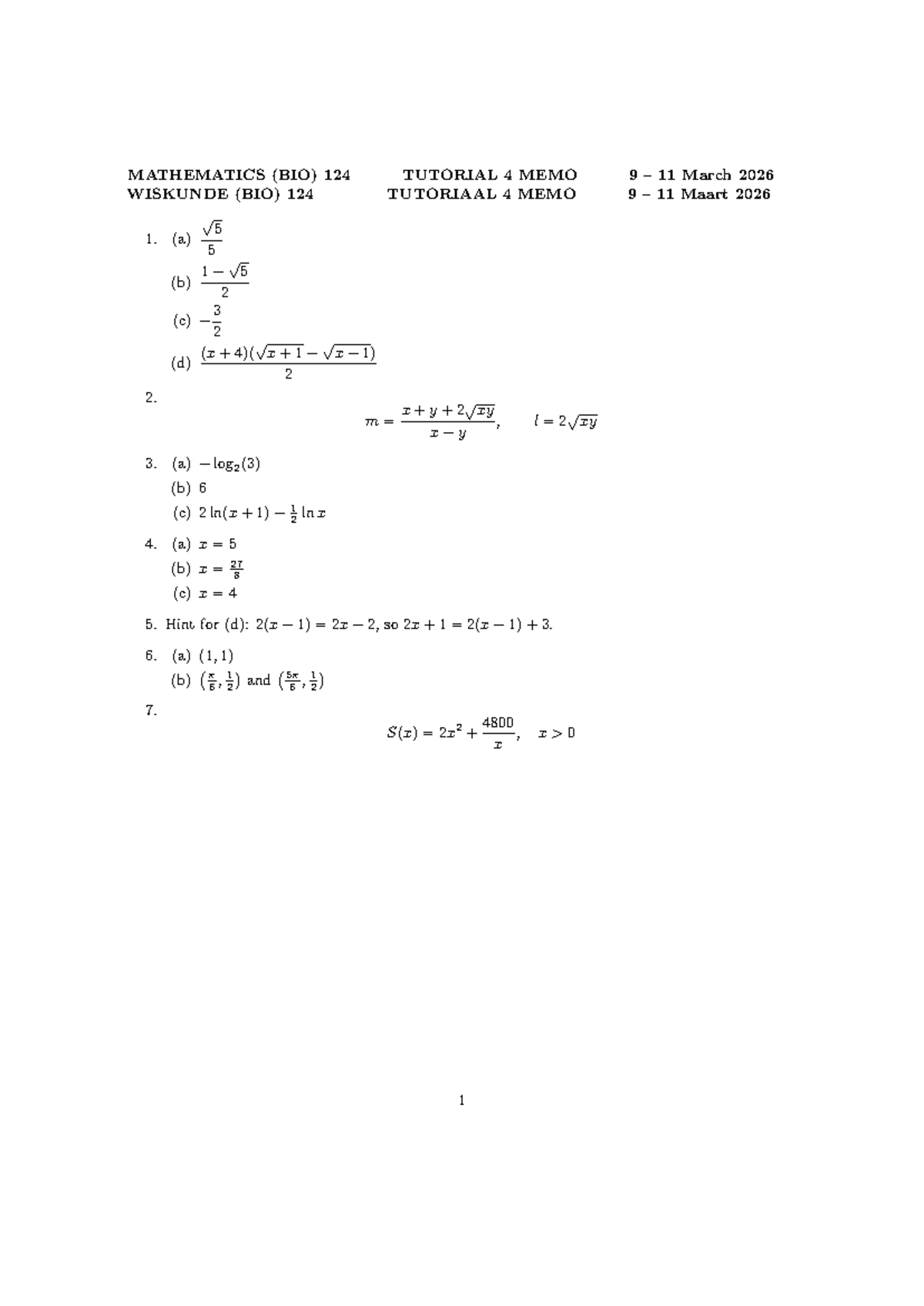 MATHEMATICS (BIO) 124 TUTORIAL 4 ANSWERS MEMO - Studocu