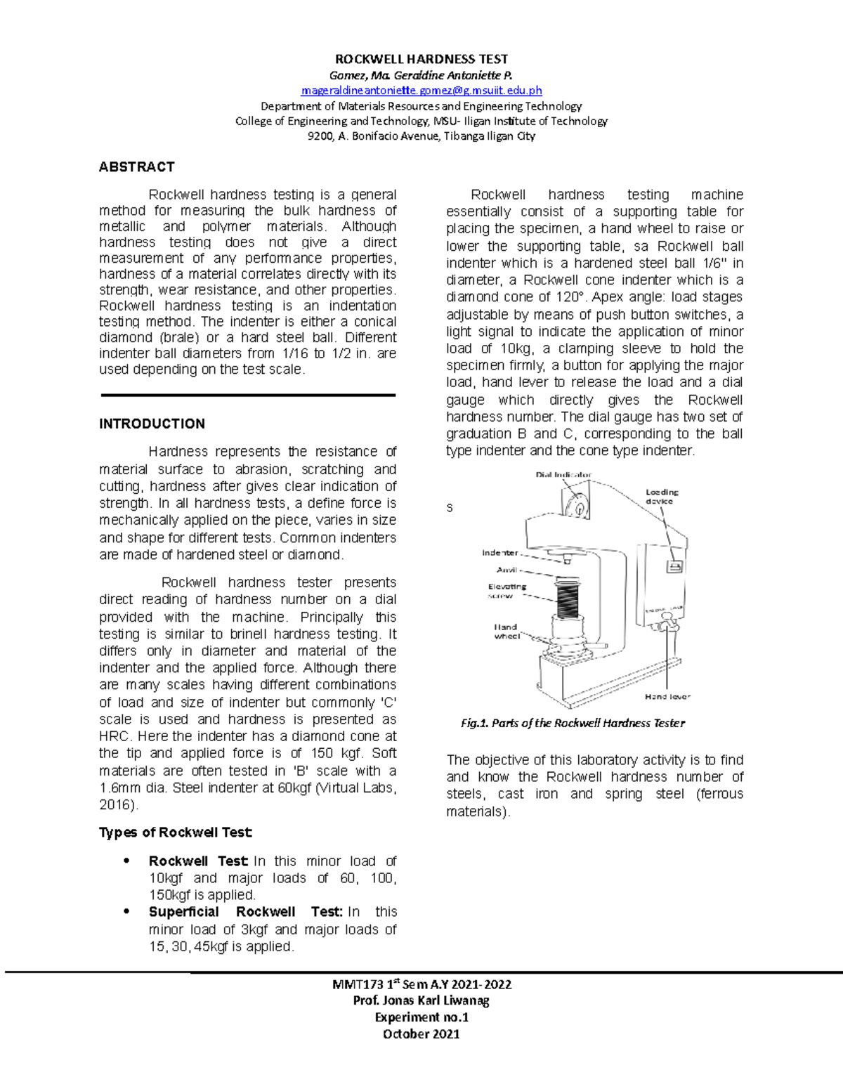 Rockwell Hardness TEST LAB Report - Fundamentals of Materials Science ...