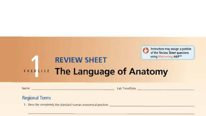 Anatomy Lab Review Sheet: Exercise 1 - The Language of Anatomy - Studocu