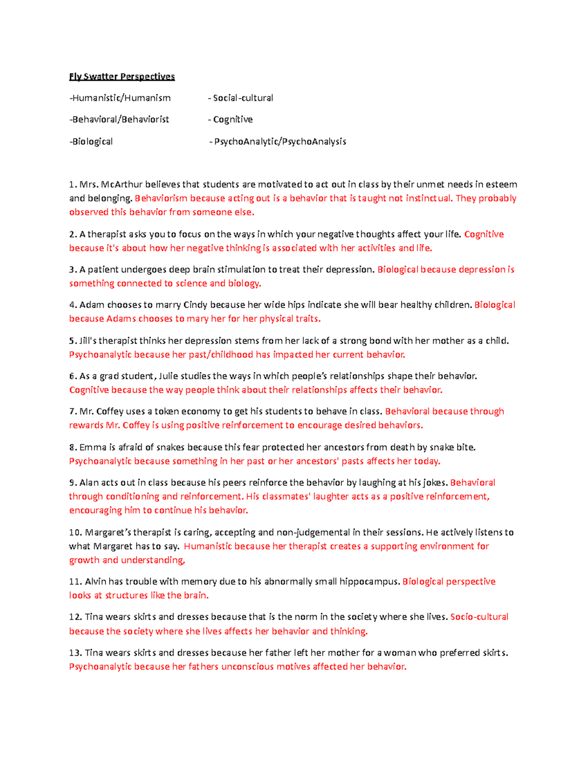 Psychology Perspectives Analysis: Humanistic, Cognitive, Behaviorist ...