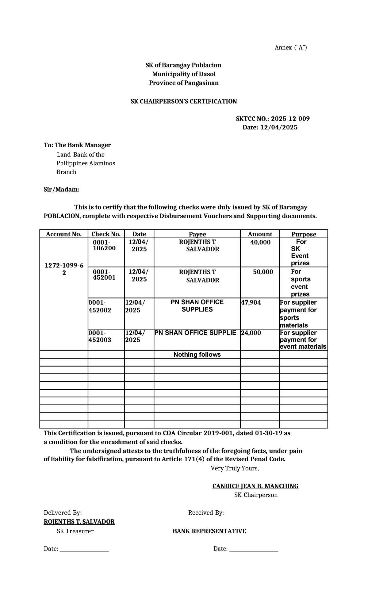 SK Certification for Events - Barangay Poblacion SKTCC No. 2025 - Studocu