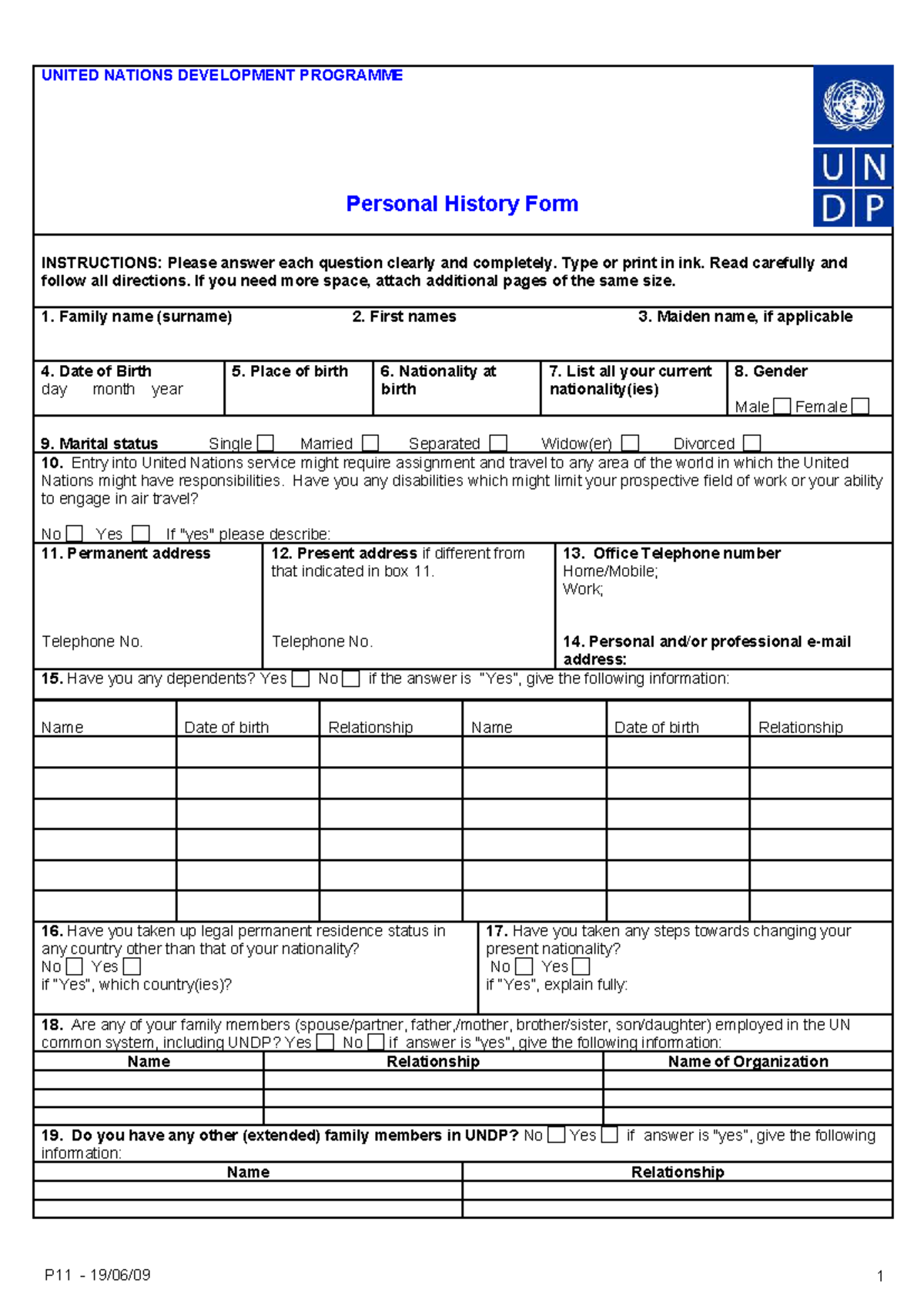 P11 Form for UNDP Application: Personal History Instructions - Studocu