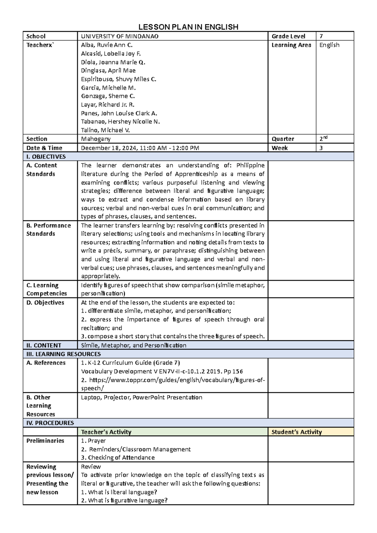 Final Lesson Plan on Figures of Speech for EDUC 106 - Studocu