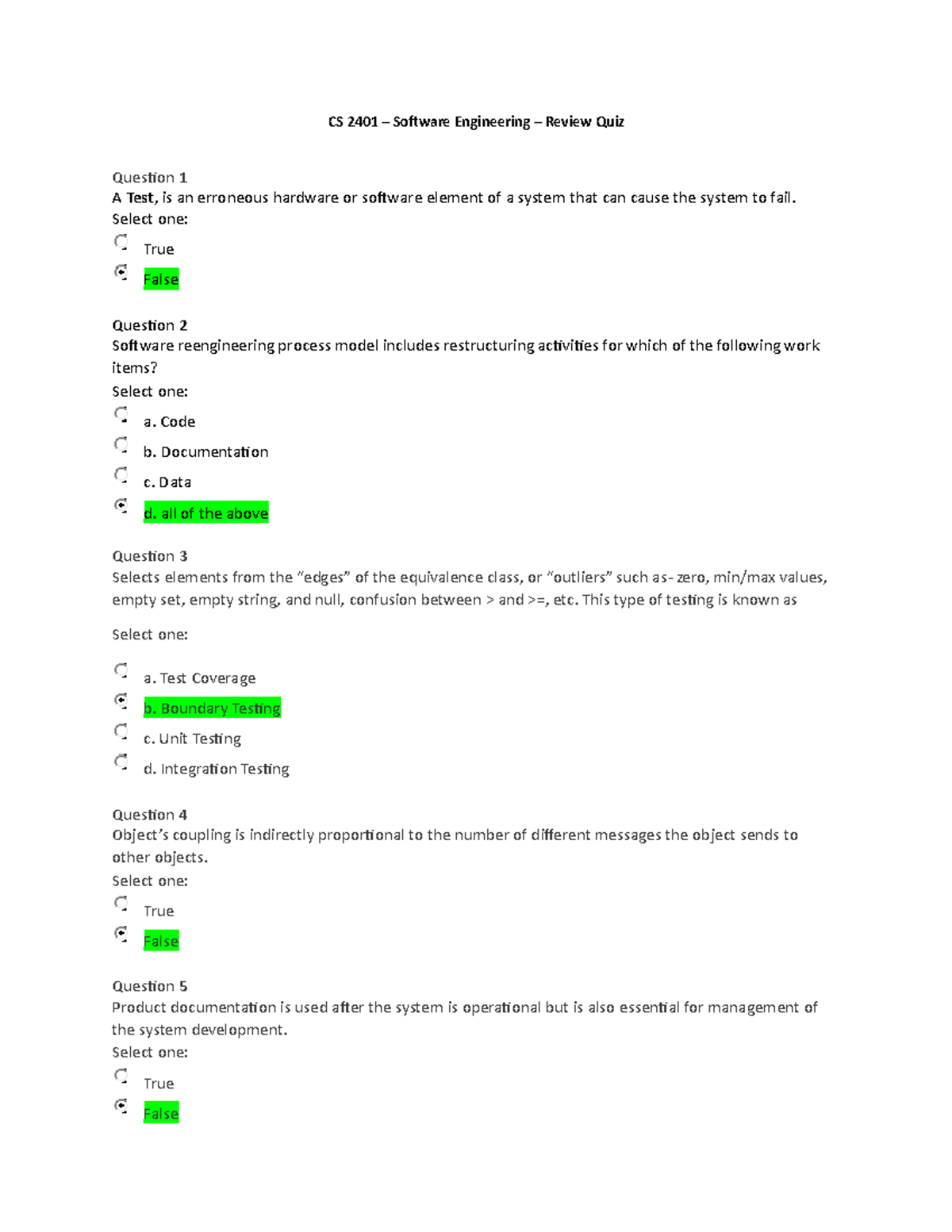 CS 2401 – Software Engineering 1 - Comprehensive Review Quiz - Studocu