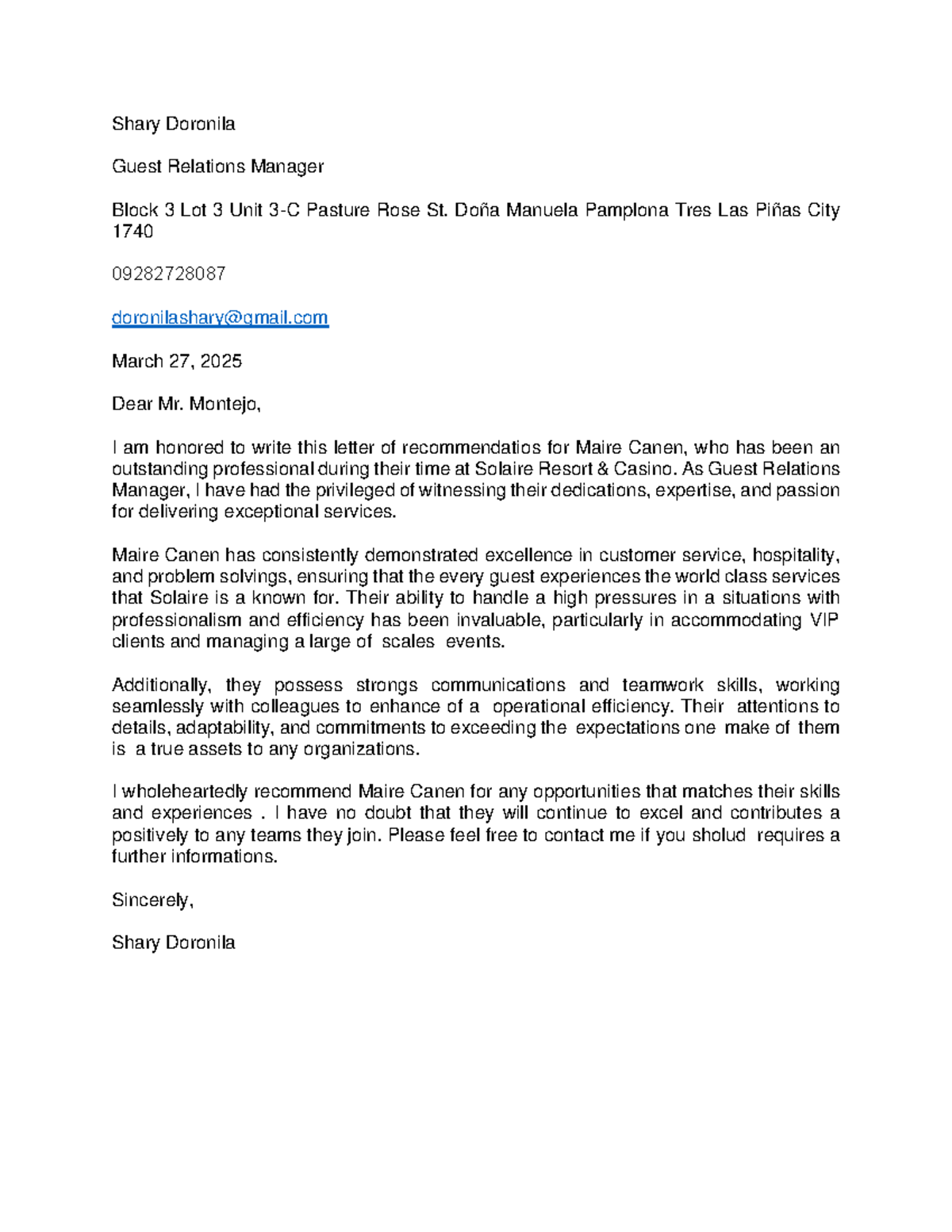 Recommendations Letter for Maire Canen - Guest Relations Manager - Studocu