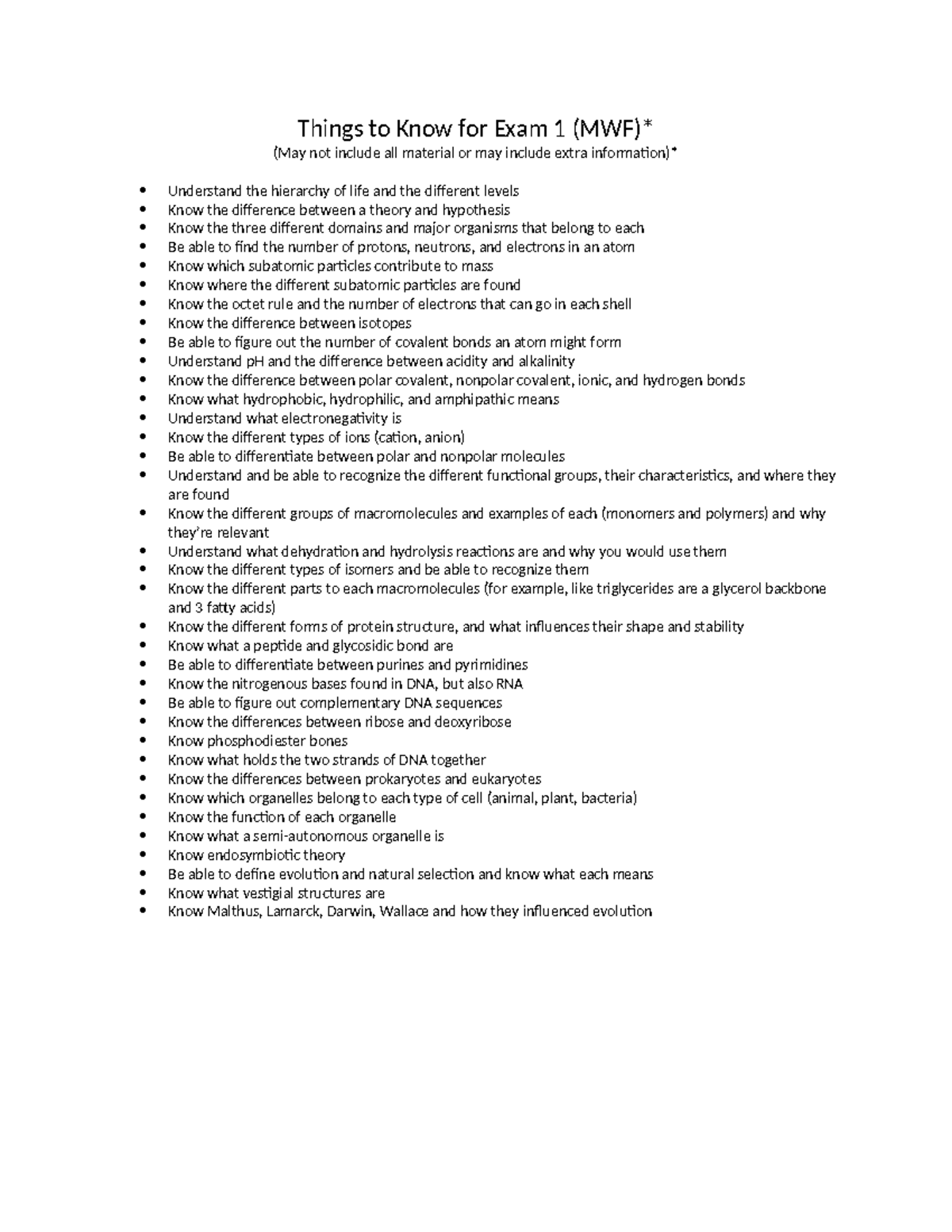 Exam 1 Study Guide for MWF: Key Concepts and Topics to Review - Studocu