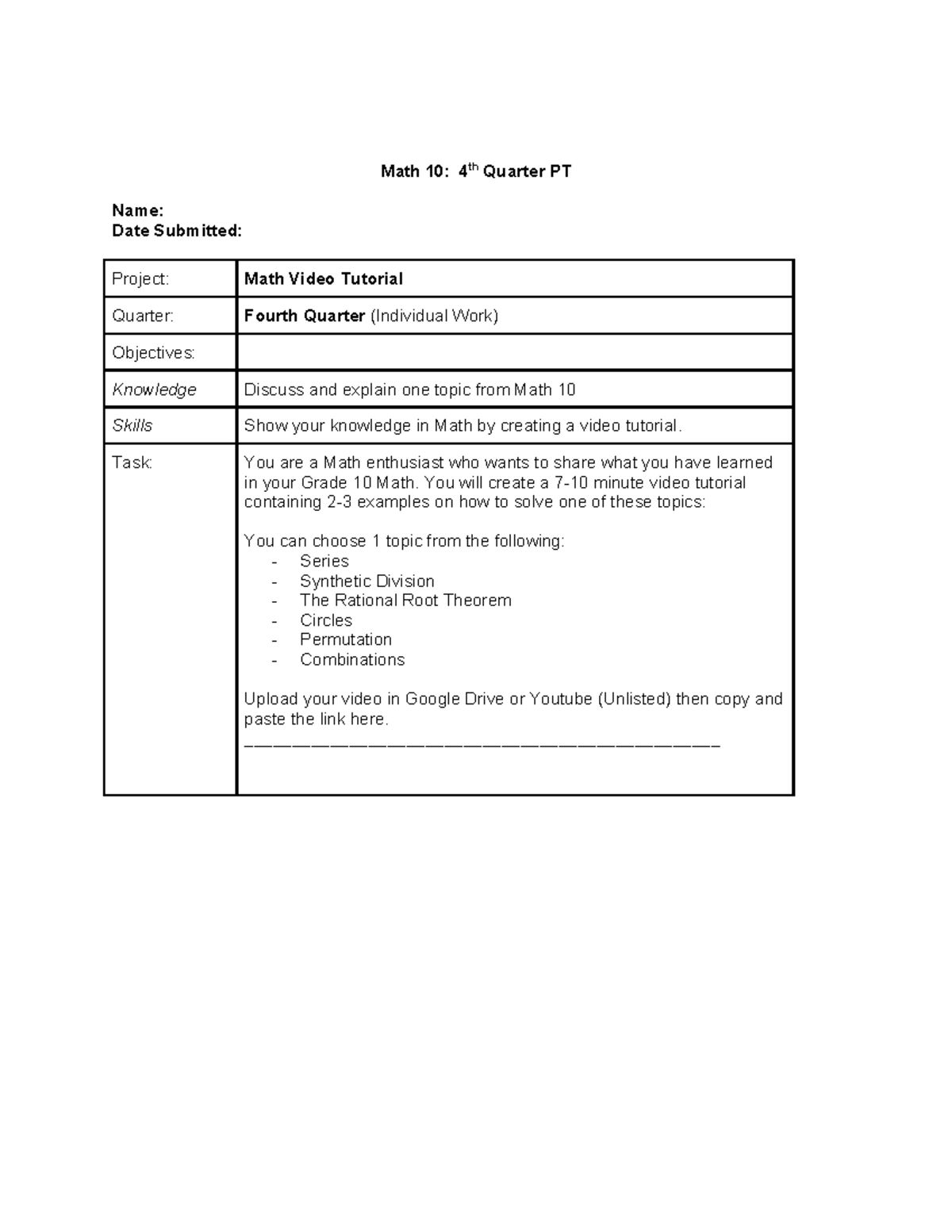 Math 10: 4th Quarter Project - Video Tutorial on Math Concepts - Studocu