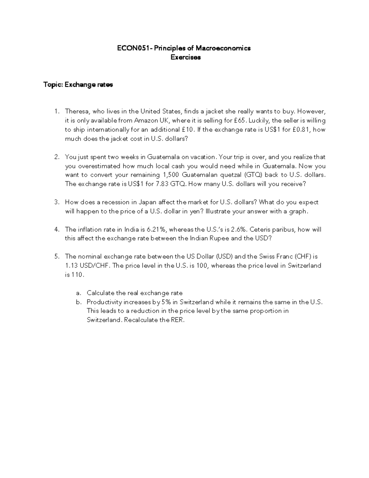 ECON051 - Macroeconomics Exercises on Exchange Rates and Inflation ...