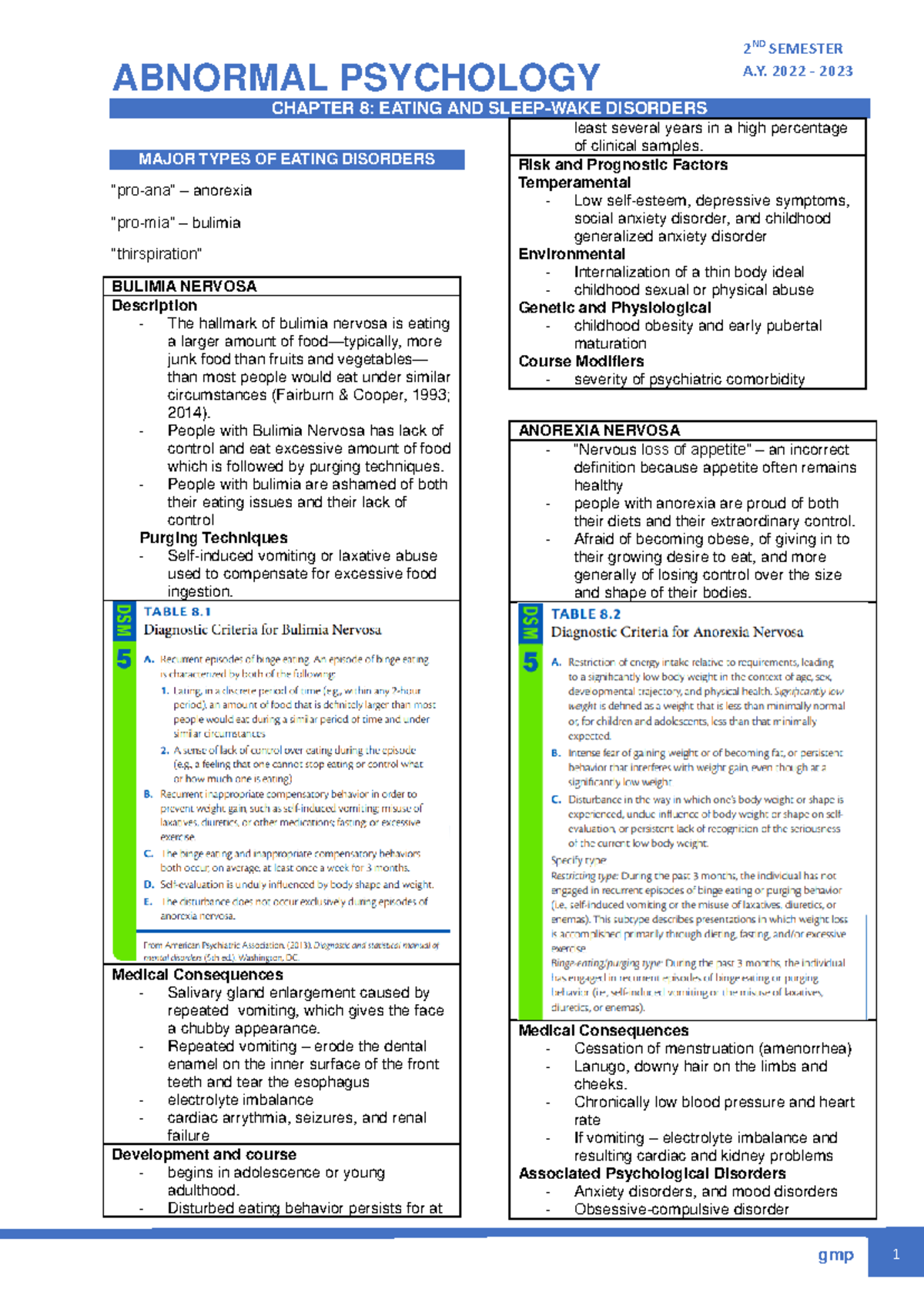 Abpsych 8 - Summary of Eating and Sleep-Wake Disorders in Abnormal ...