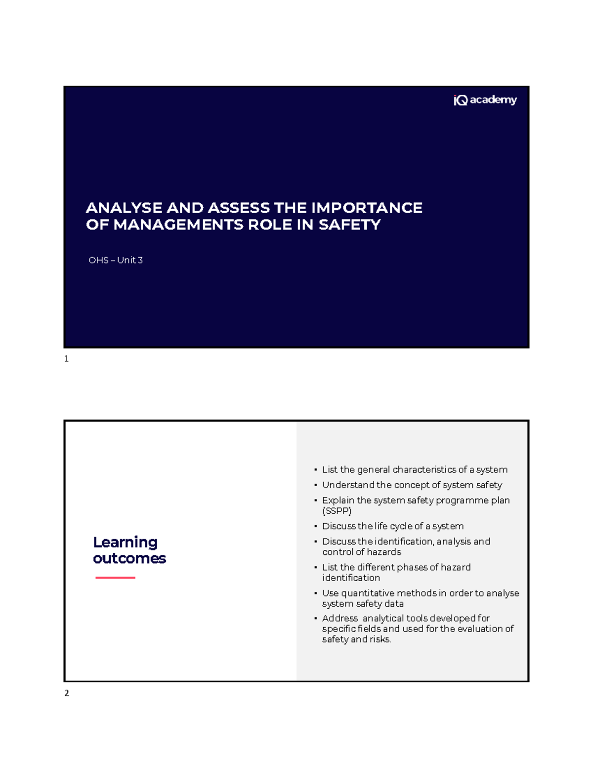 OHS Unit 3: Management's Role in Safety and System Safety Analysis ...