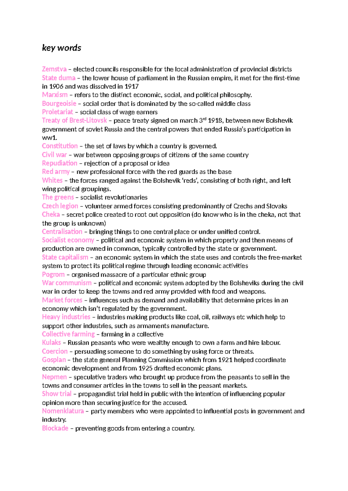 Russian Key Terms: Zemstva, State Duma, Marxism, and More - Studocu