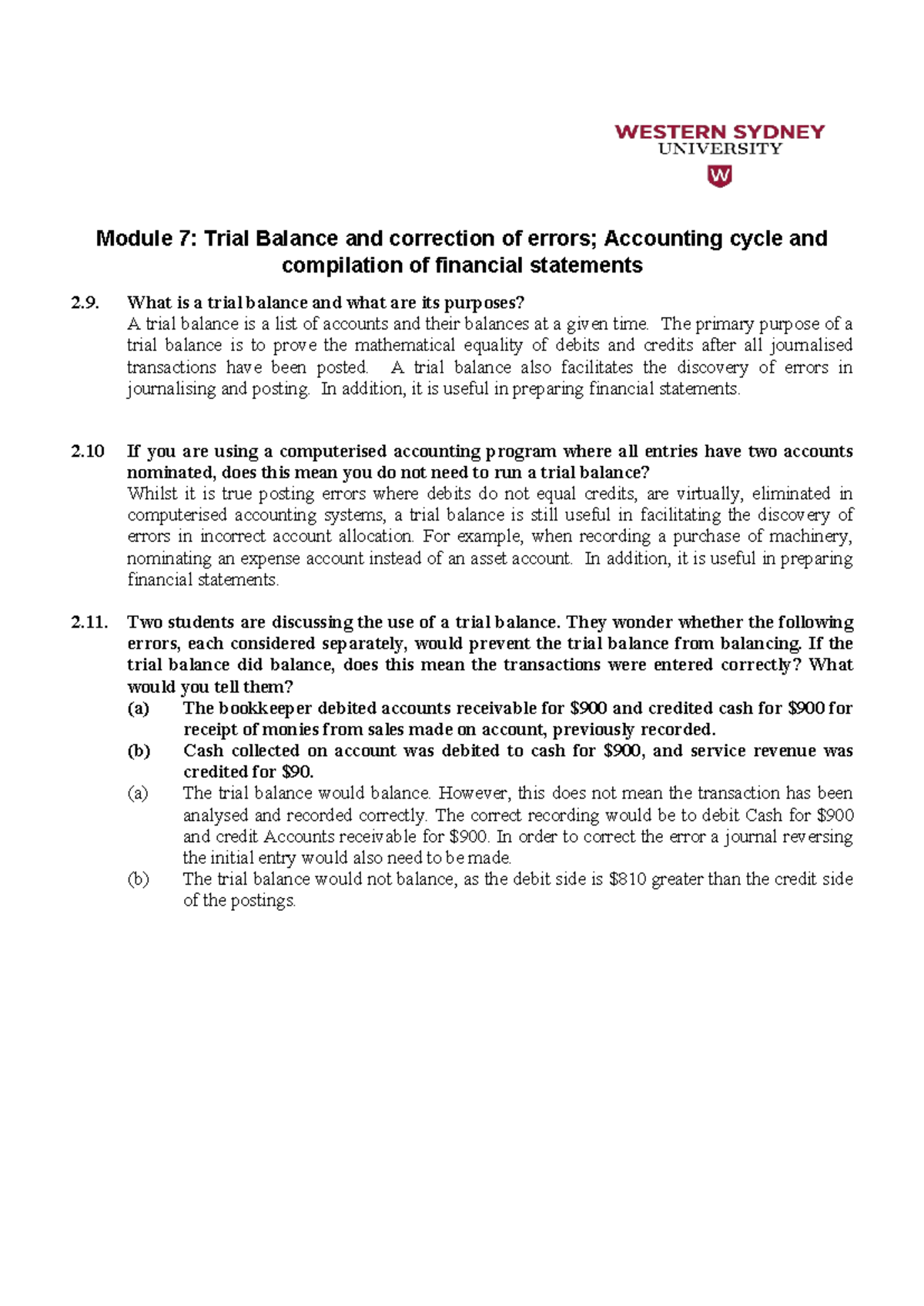 Module 7: Trial Balance & Financial Statements Solutions (ACCT1007 ...
