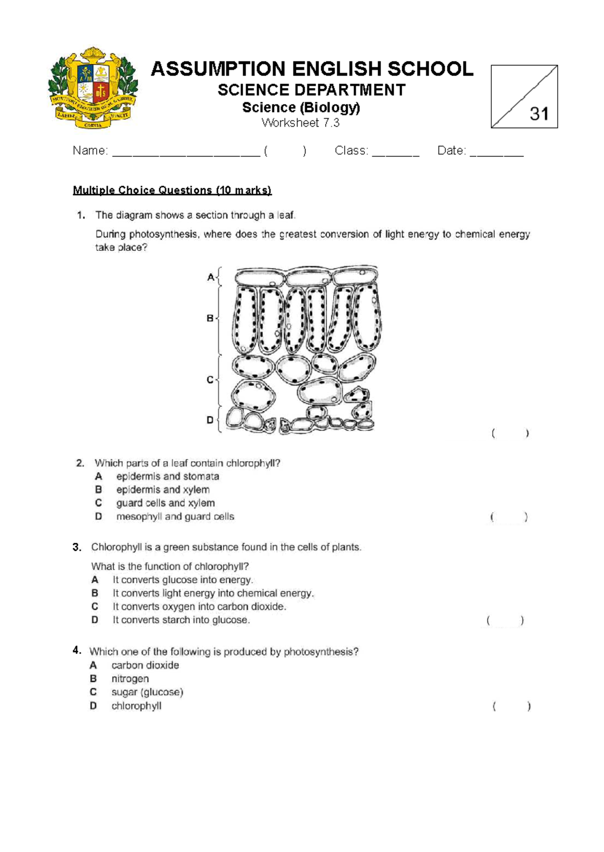 WS 7 - eee - ASSUMPTION ENGLISH SCHOOL SCIENCE DEPARTMENT Science ...