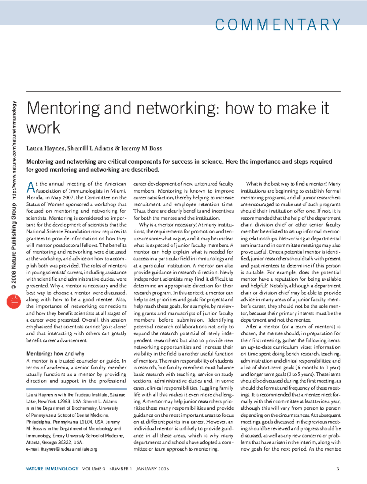 Mentoring and Networking in Science: Strategies for Success (NATURE ...
